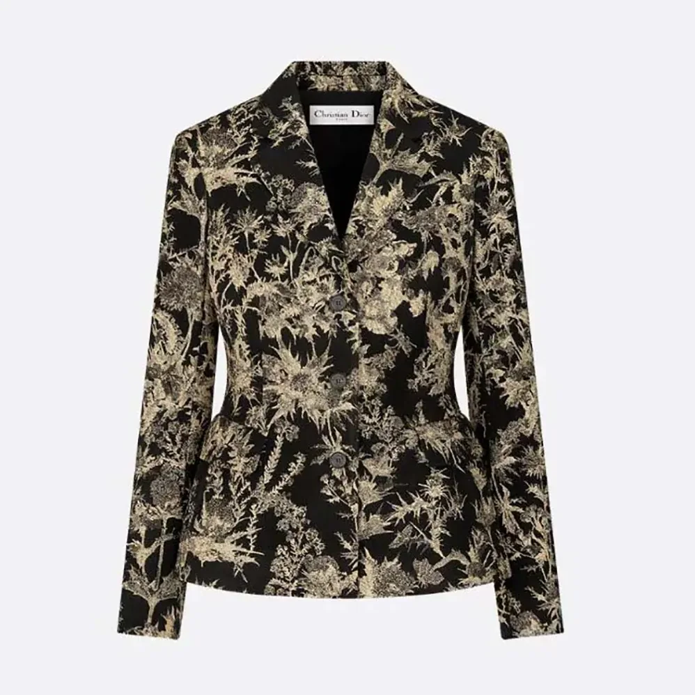 Dior Fitted Jacket Black Technical Fabric with Gold-Tone Dior Chardons Motif in Metallic Thread for Women