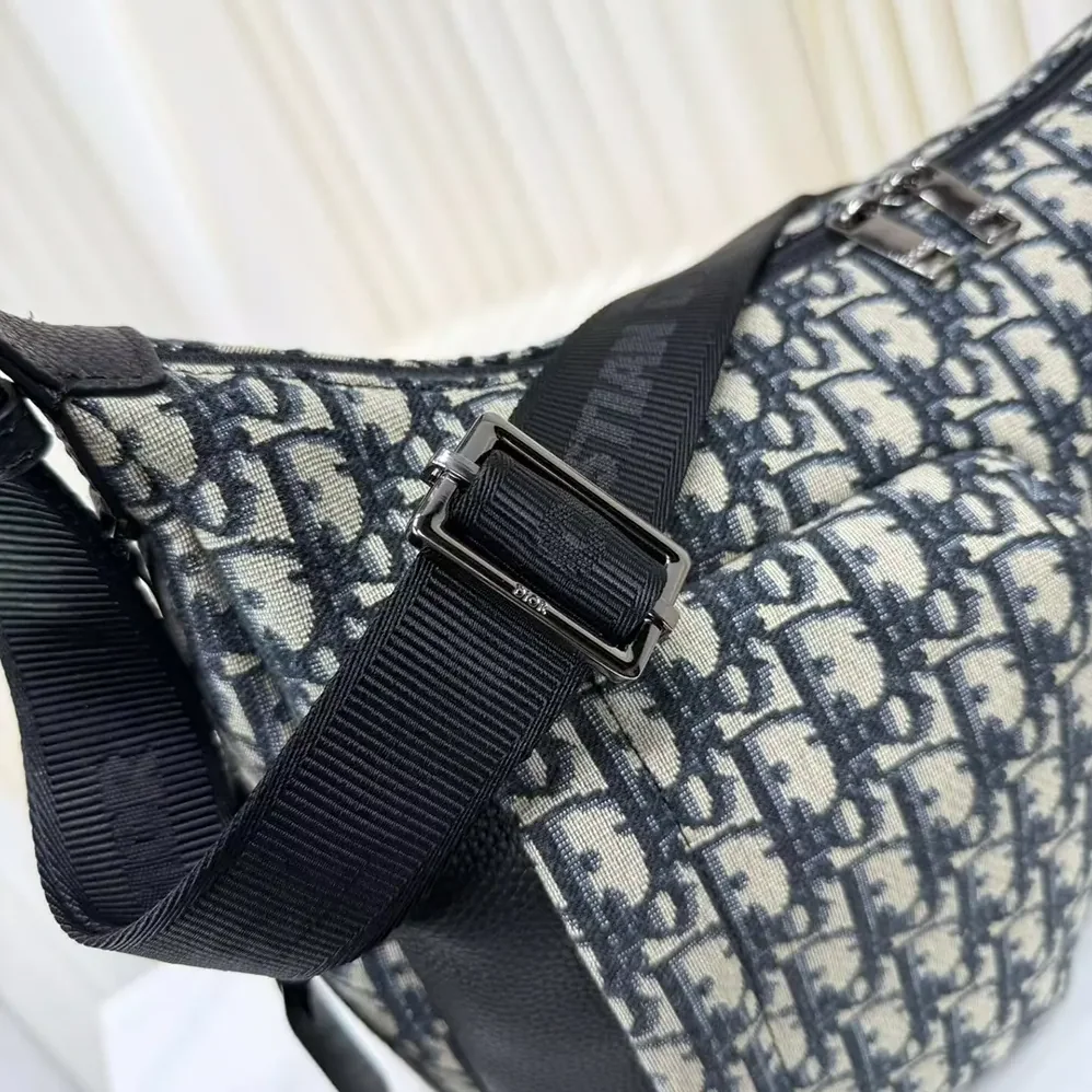 Dior Medium Rider Soft Hobo Bag Beige and Black Dior Oblique Jacquard with Black Grained Calfskin for Men