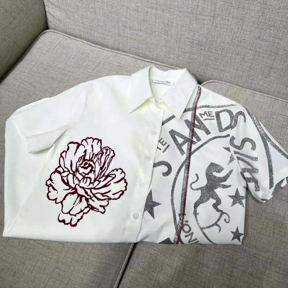 Dior Long Blouse Ecru Cotton Poplin and Silk with Dior Union Motif for Women