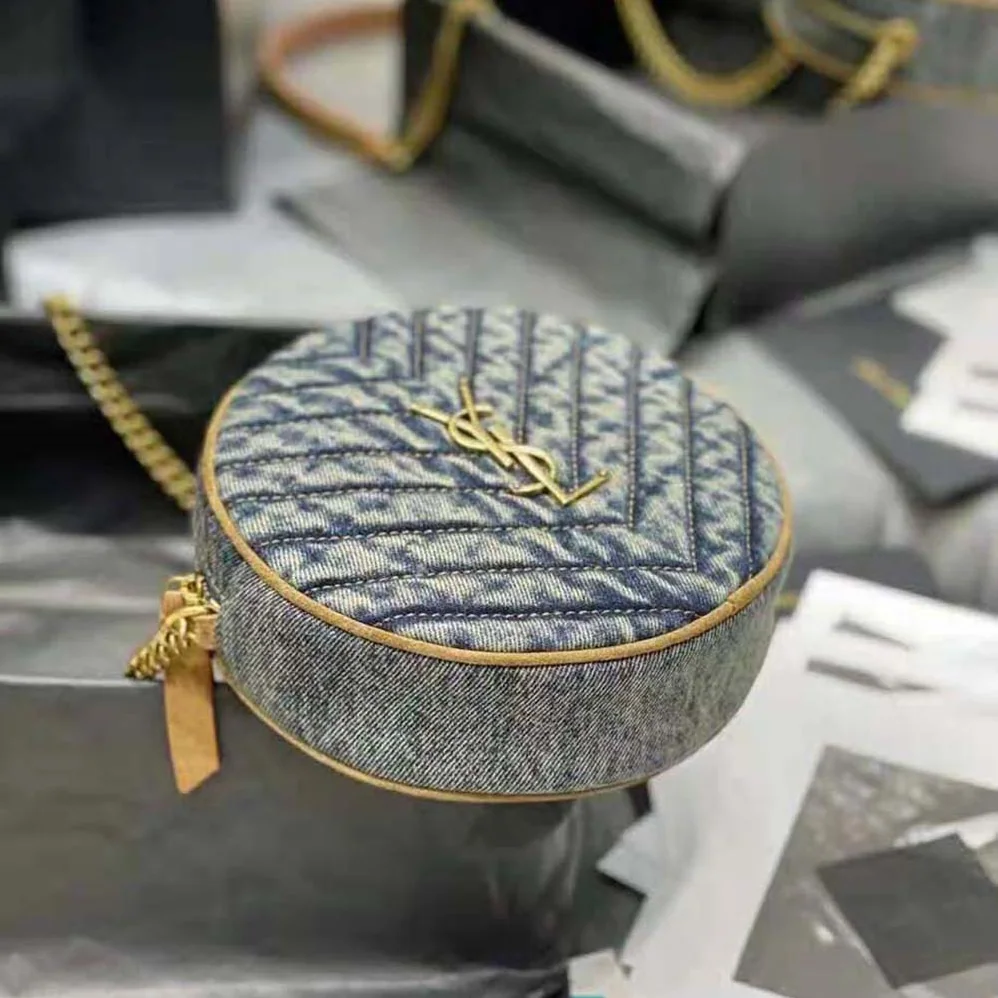 Saint Laurent YSL Vinyle Round Camera Bag in Chevron for Women in Quilted Denim and Suede Saint Laurent YSL Vinyle Round Camera Bag in Chevron for Women in Quilted Denim and Suede