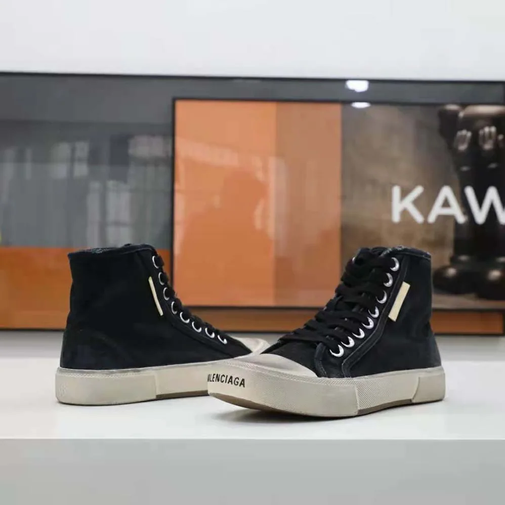 Balenciaga Paris High Top Sneaker in Black Destroyed Cotton and White Rubber for Unisex