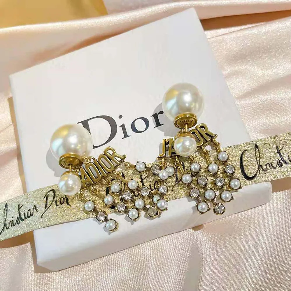 Dior Tribales Earrings Antique Gold-Finish Metal with White Resin Pearls for Women Dior Tribales Earrings Antique Gold-Finish Metal with White Resin Pearls for Women