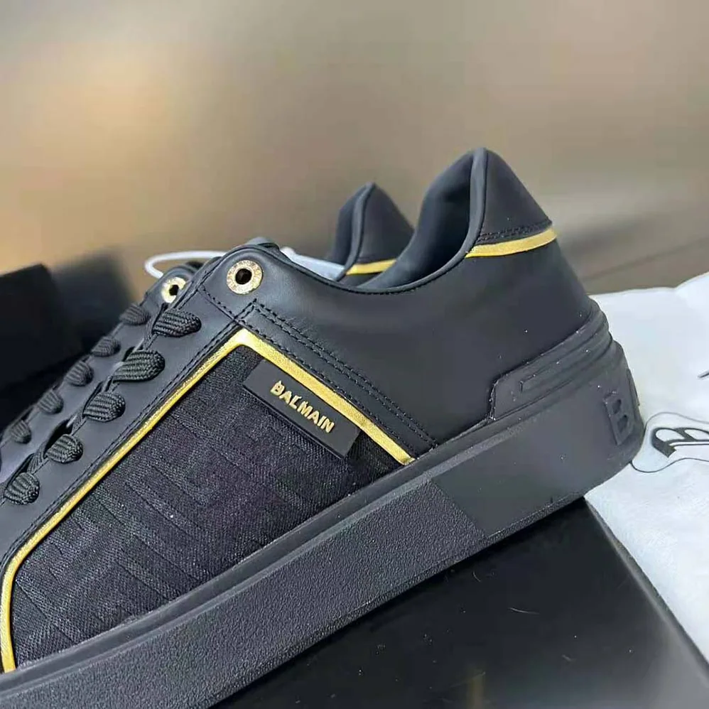 Balmain B-court Monogrammed Nylon and Leather Trainers for Unisex in Black Balmain B-court Monogrammed Nylon and Leather Trainers for Unisex in Black
