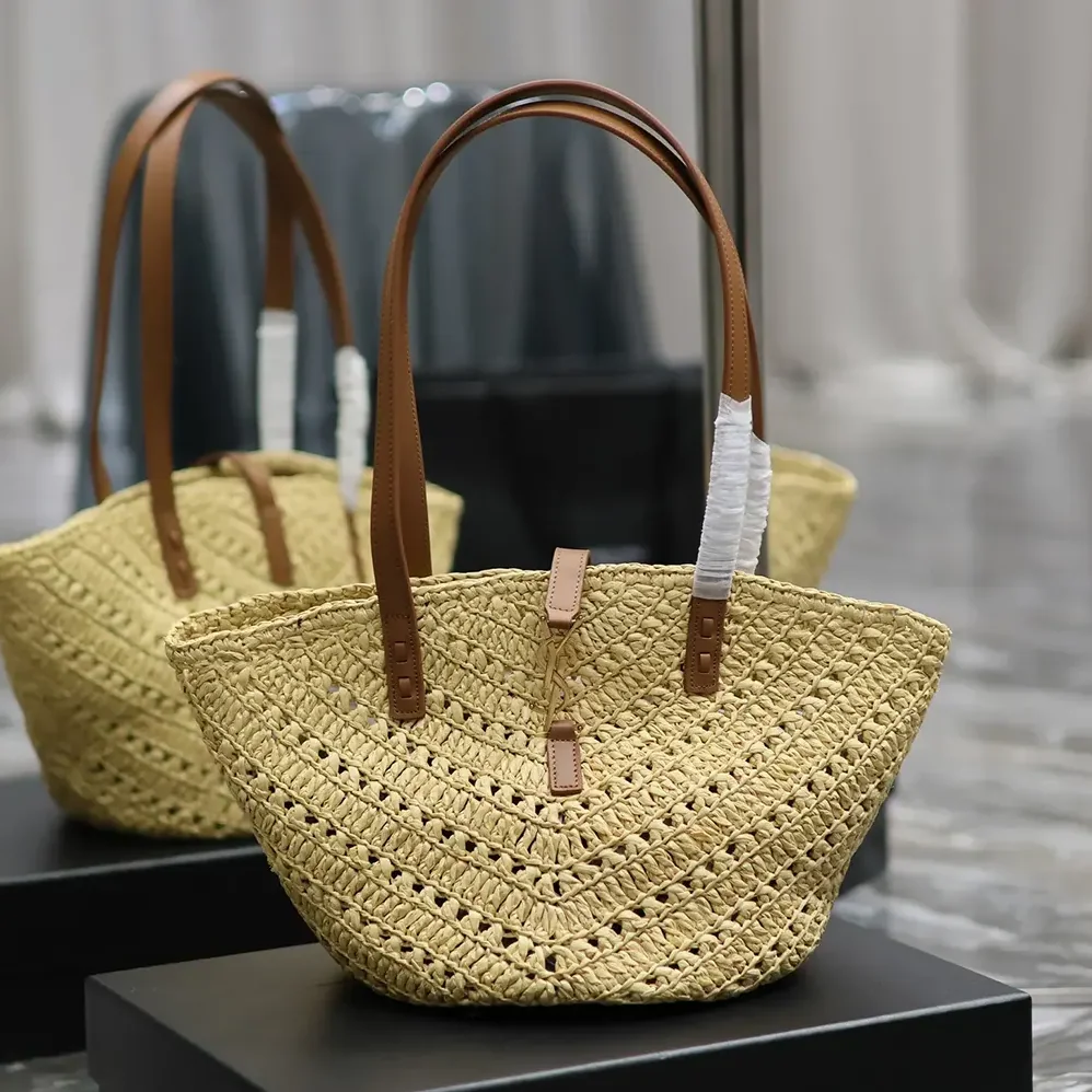 Saint Laurent YSL Panier Small in Raffia and Vegetable for Women in tanned Leather