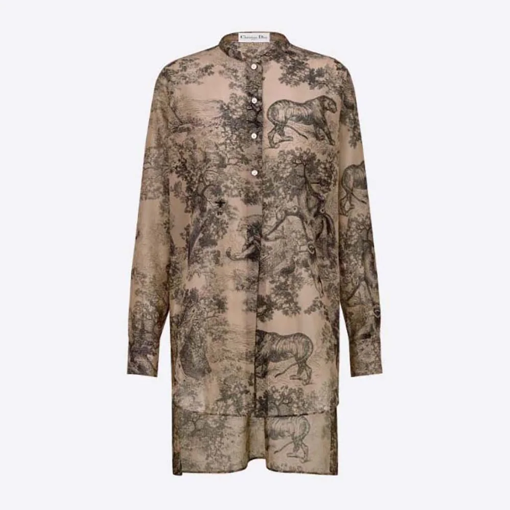 Dior Long Blouse Hazelnut Cotton Voile with Toile De Jouy Motif for Women