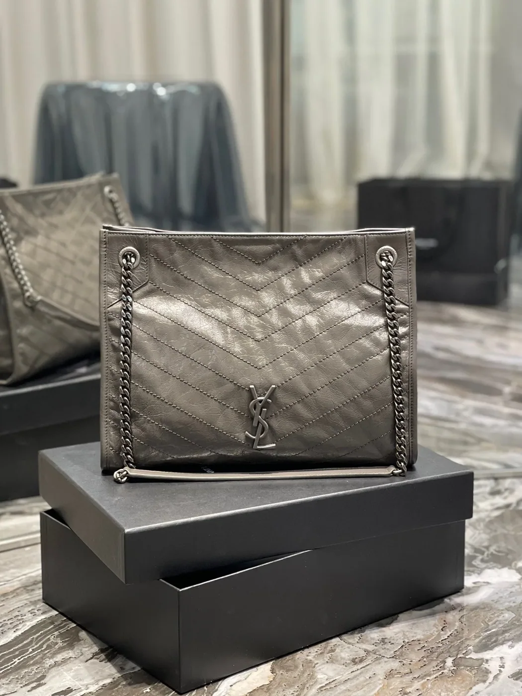 Saint Laurent Niki Shopping Medium Tote Bag in Green Khaki Silver Hardware