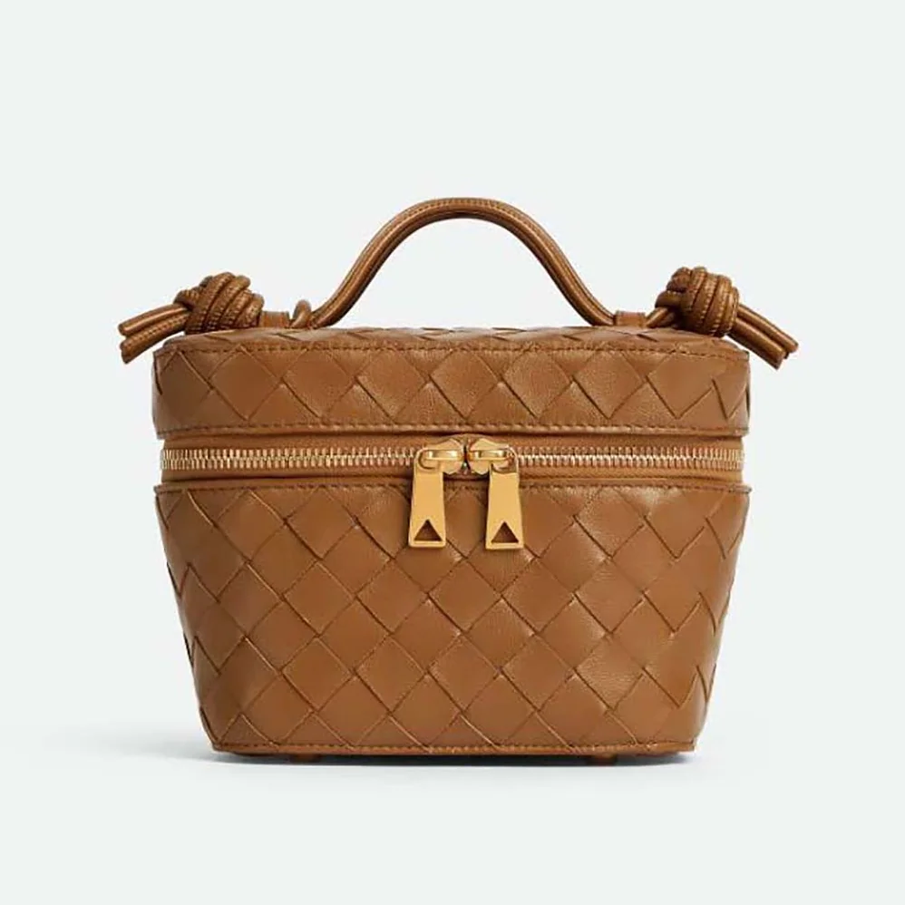 Bottega Veneta Mini Intrecciato Leather Vanity Case with Cross-Body Strap for Women in Brown