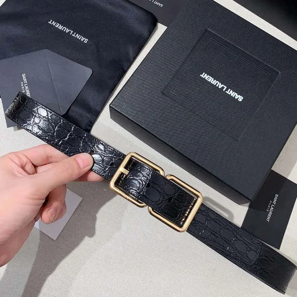Saint Laurent YSL Double Buckle Belt in Crocodile for Women in embossed Leather