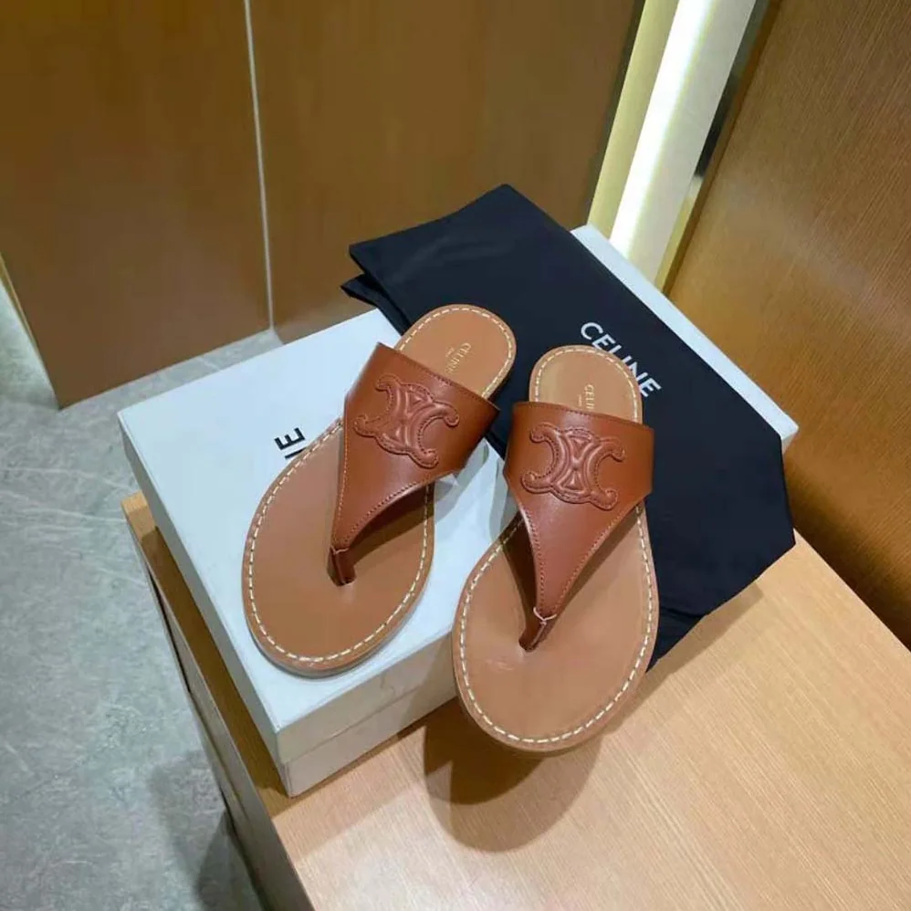 Celine Triomphe Flat Thong in Calfskin for Women in Tan