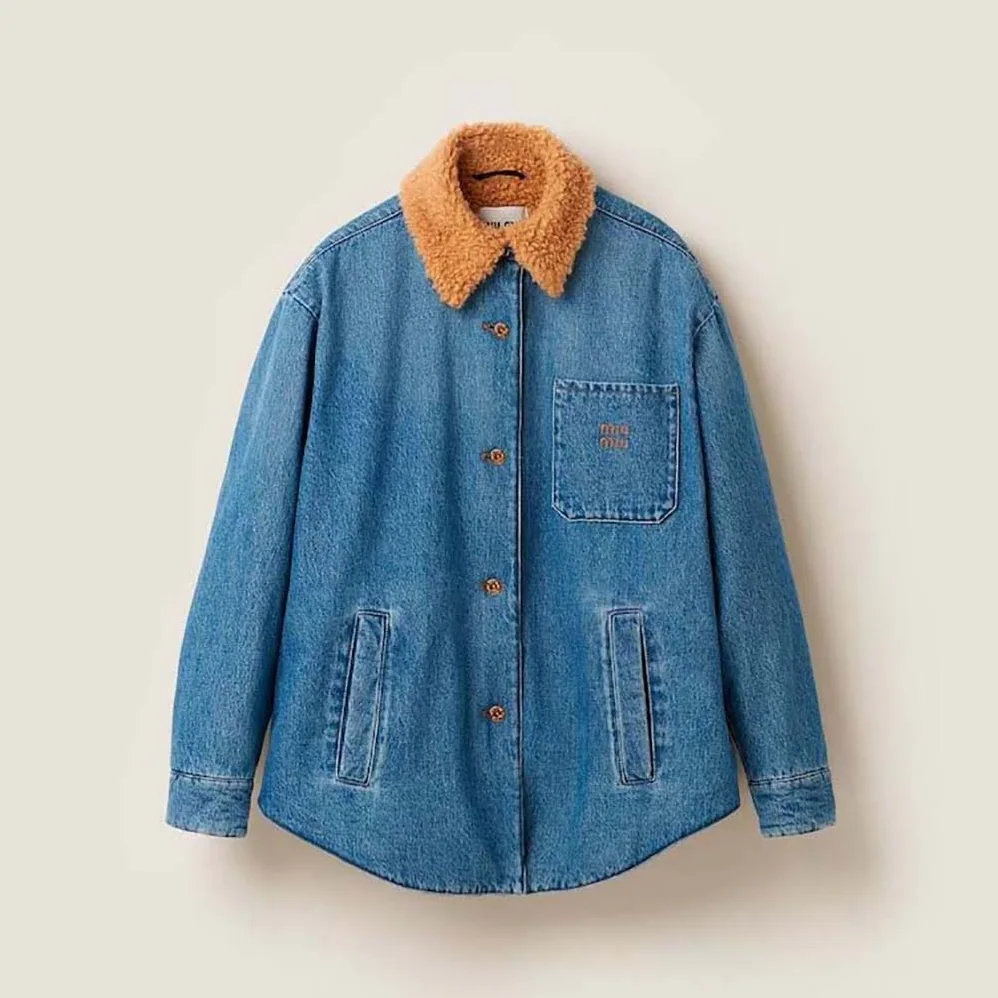 Miu Miu Embroidered Denim Blouson Jacket with Embroidered Logo for Women