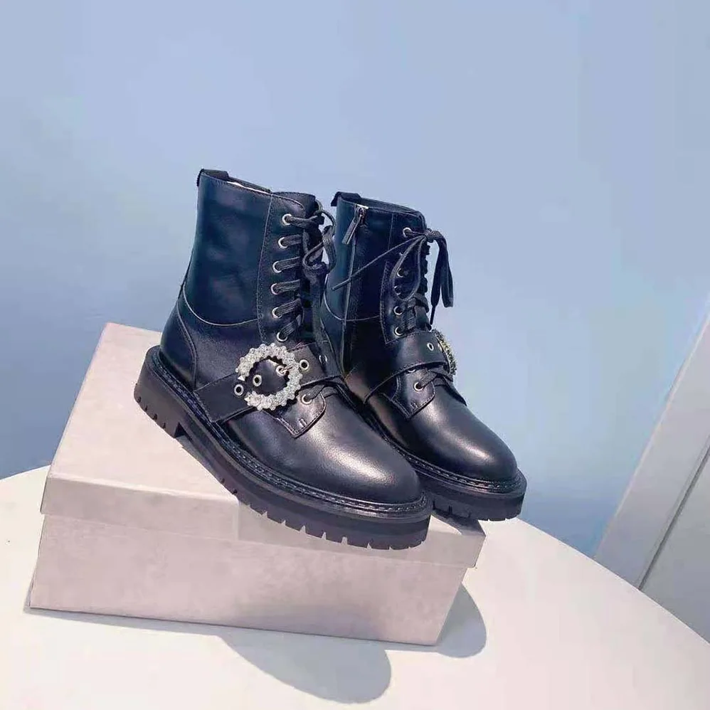 Jimmy Choo Cora Flat/Crystal Black Soft Calf Leather Combat Boots with Crystal Buckle for Women Jimmy Choo Cora Flat/Crystal Black Soft Calf Leather Combat Boots with Crystal Buckle for Women