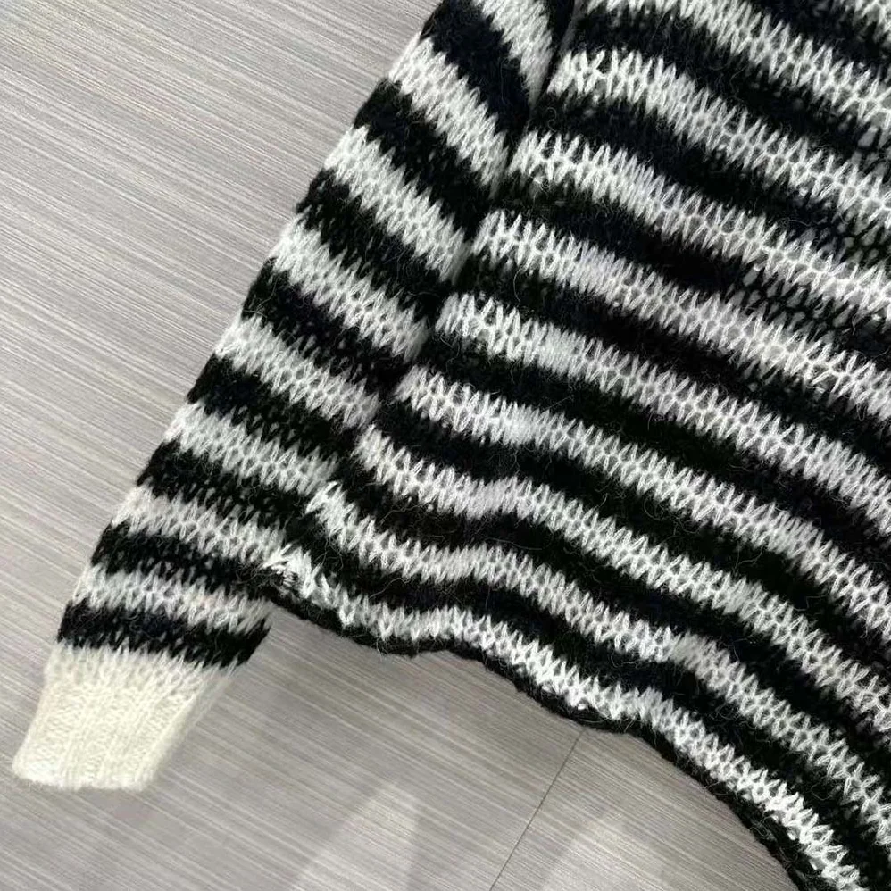 Dior Marinière Sweater Navy Blue and Ecru Wool Cashmere and Silk Knit with D for Women in Stripes Motif