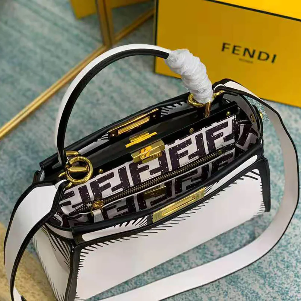 Fendi Peekaboo Iconic Medium White Leather FF Print Bag for Women Fendi Peekaboo Iconic Medium White Leather FF Print Bag for Women