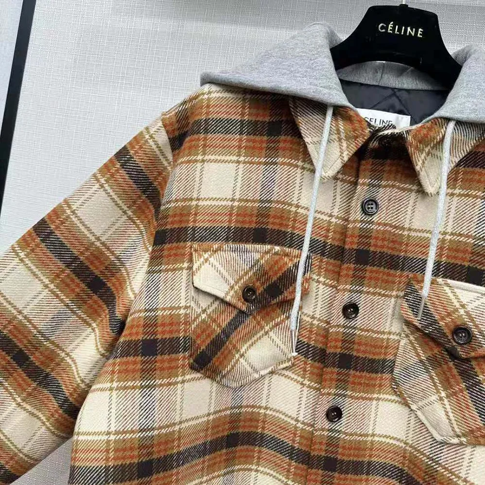 Celine Hooded Overshirt in Checked Wool for Men Celine Hooded Overshirt in Checked Wool for Men