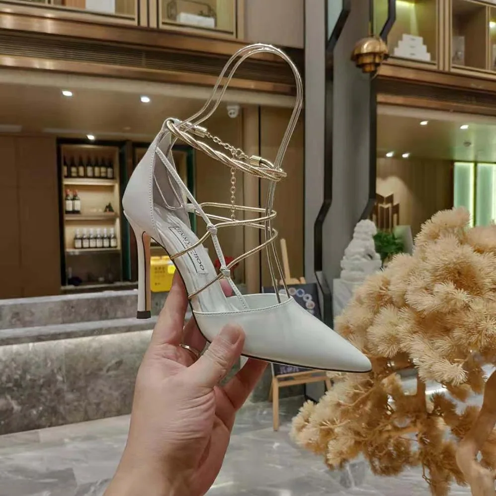 Jimmy Choo Olesia 95 Latte Nappa Pumps with Gold Chains for Women Jimmy Choo Olesia 95 Latte Nappa Pumps with Gold Chains for Women