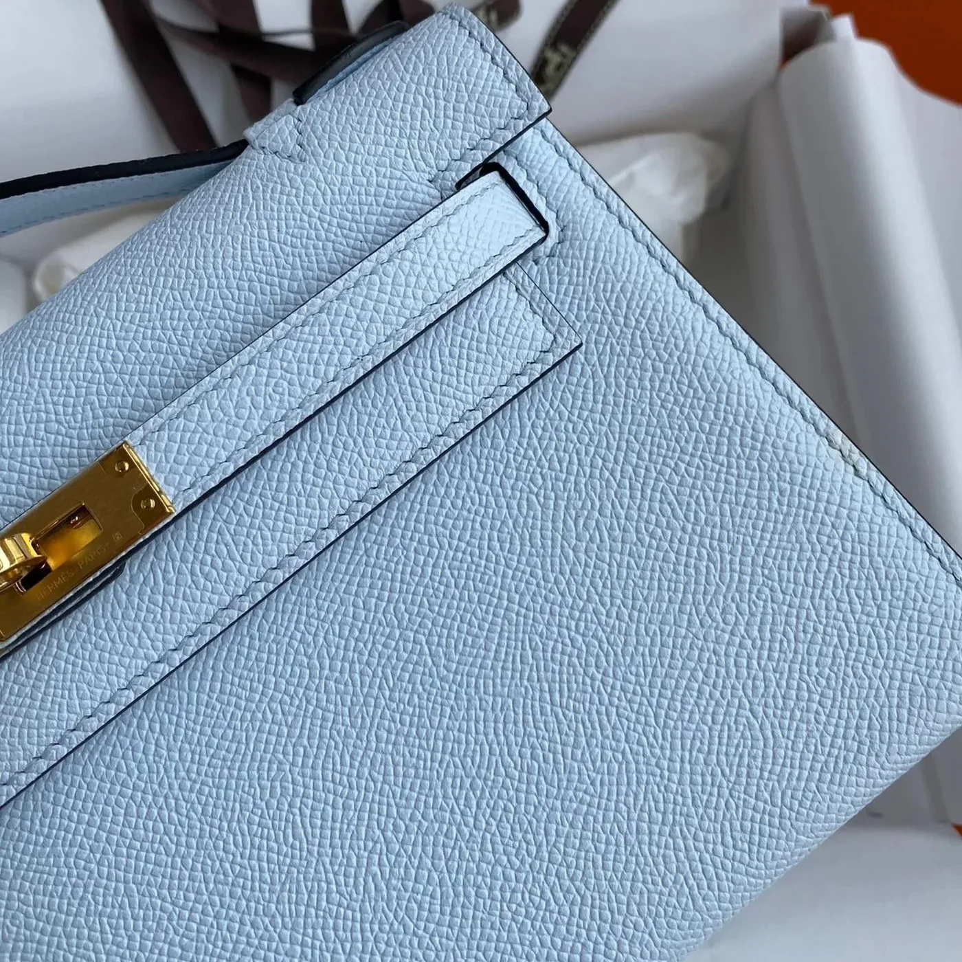 Hermes Kelly Pochette Top Handle Bag / Sky Blue Epsom Gold Hardware