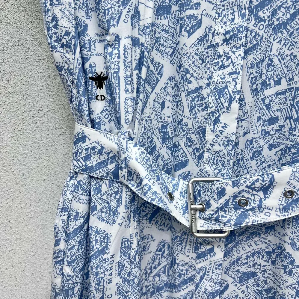 Dior Mid-Length Belted Shirtdress White and Chambray Blue Cotton and Silk Poplin for Women