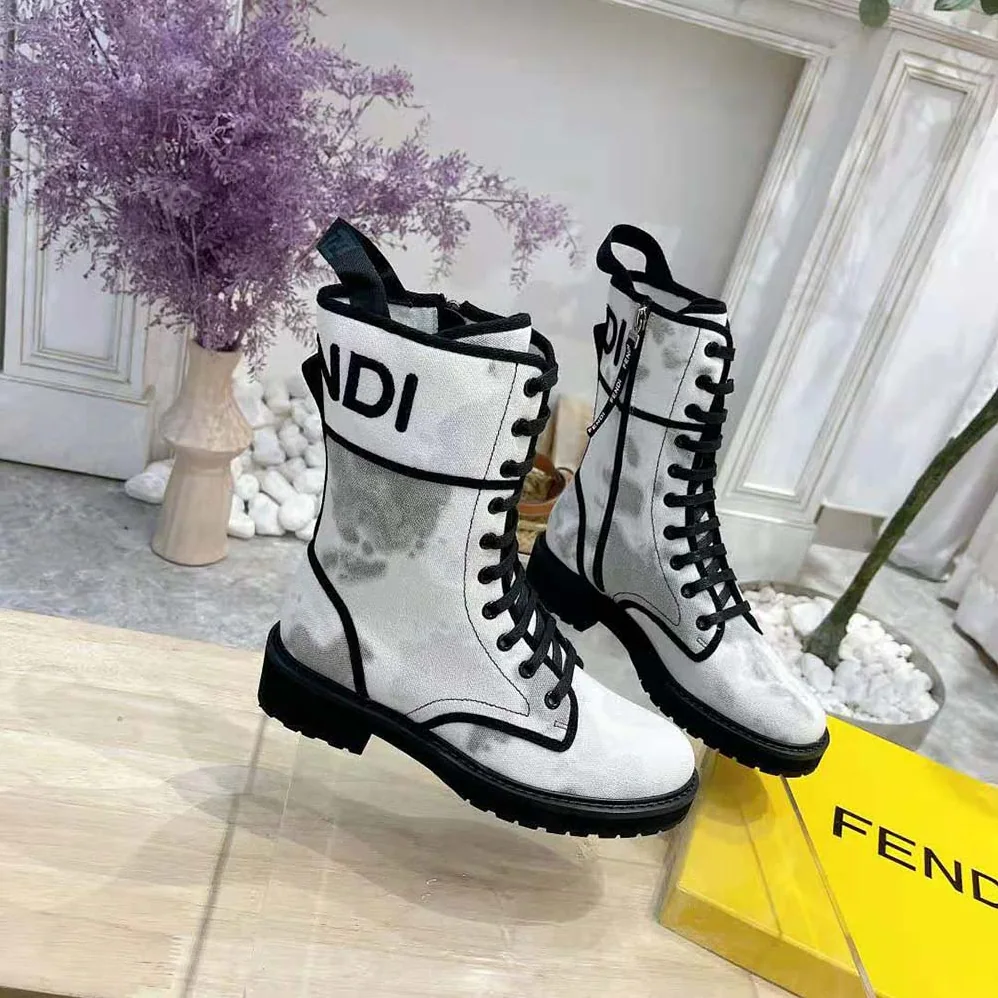 Fendi Signature Gray Canvas Biker Boots for Women
