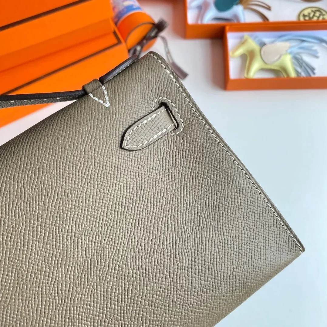Hermes Kelly Pochette Top Handle Bag in Etoupe Epsom Palladium Hardware Hermes Kelly Pochette Top Handle Bag in Etoupe Epsom Palladium Hardware