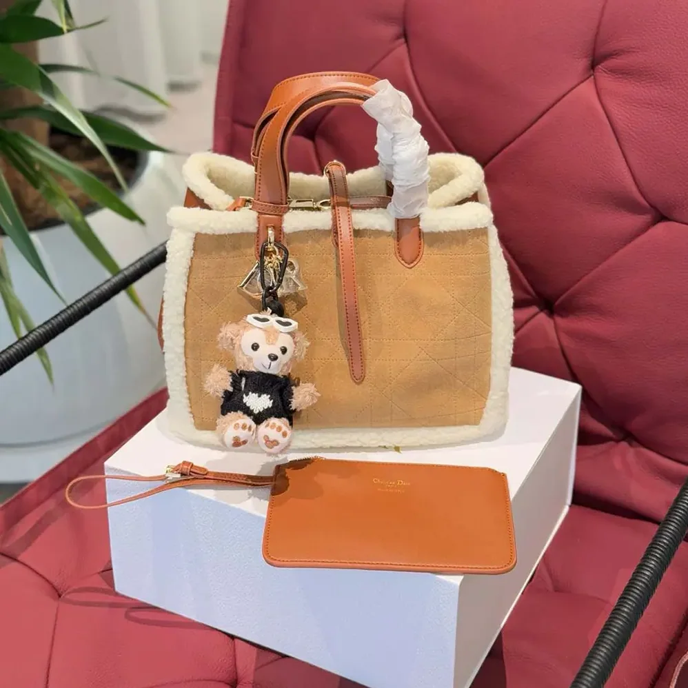 Dior Medium Dior Toujours Bag Beige Macrocannage Suede and Ecru Lambskin Shearling for Women