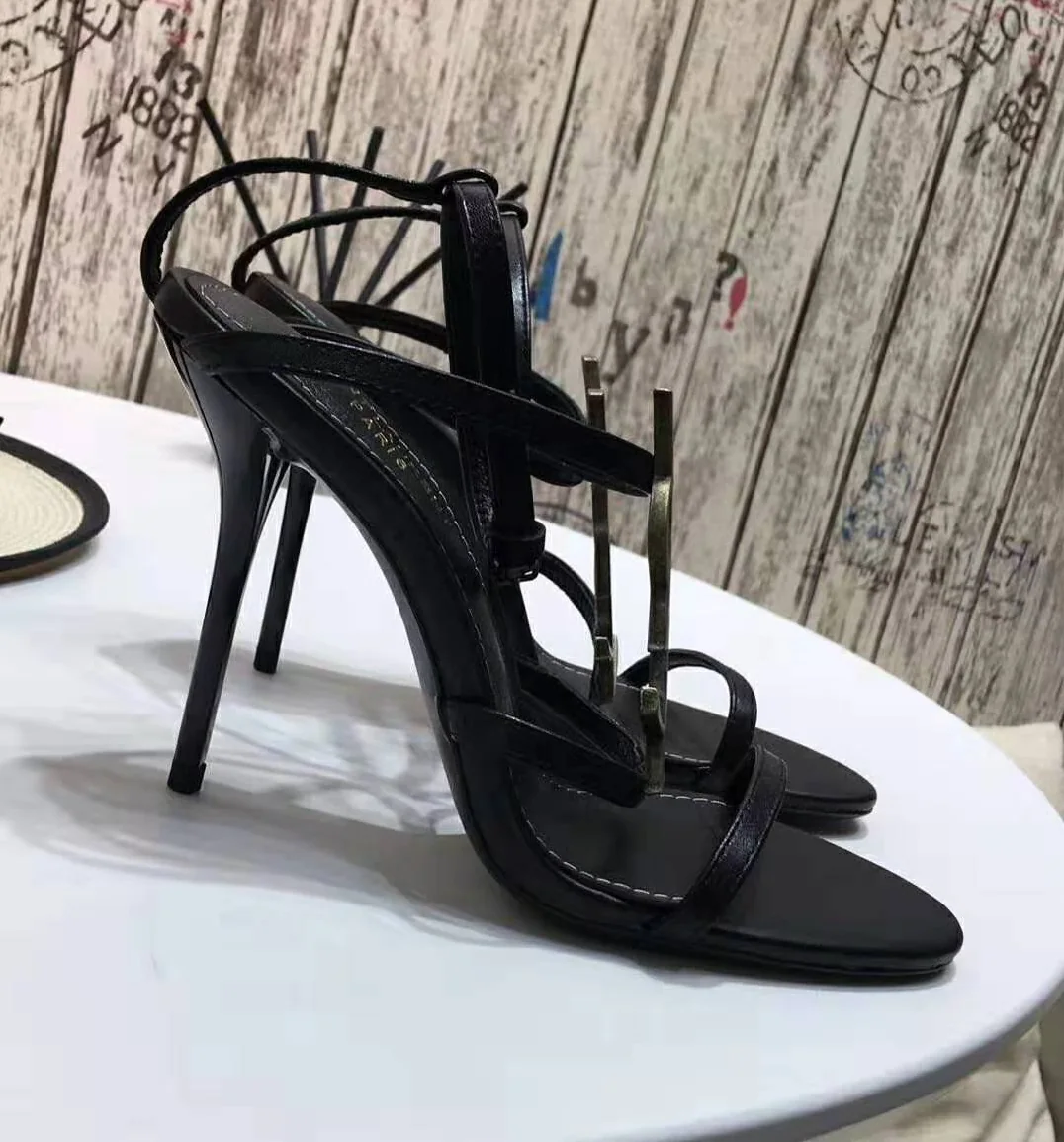 Saint Laurent YSL Cassandra Sandals with Black Logo in Patent Leather (110) Heel Height for Women in Black