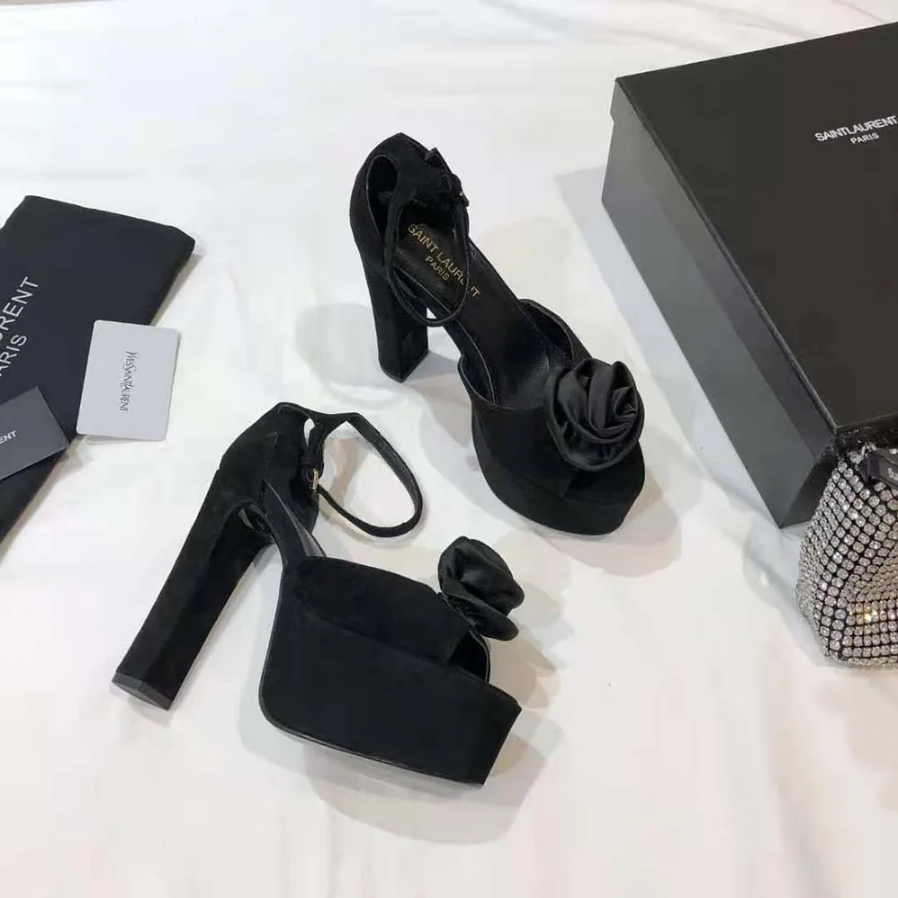 Saint Laurent YSL Jodie Platform Sandals in Suede with Silk Satin Flower for Women in Black Saint Laurent YSL Jodie Platform Sandals in Suede with Silk Satin Flower for Women in Black