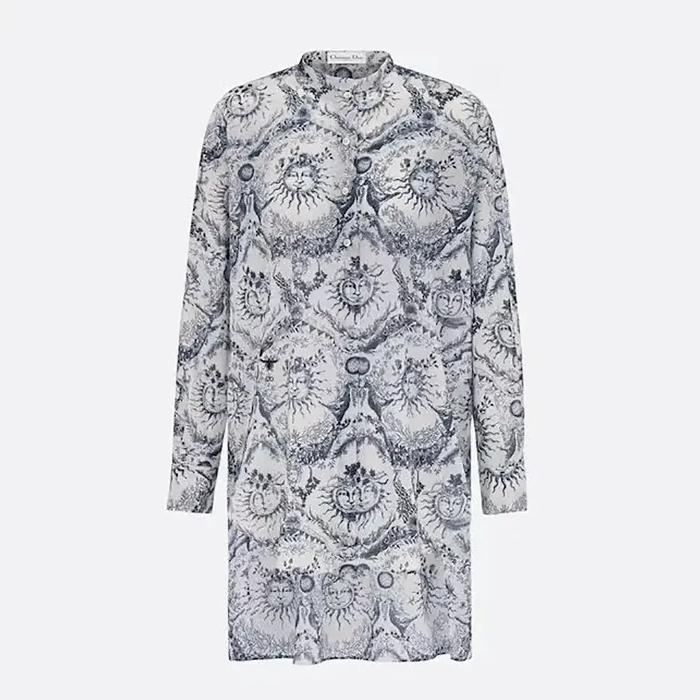 Dior Long Blouse White and Navy Blue Cotton Muslin with Toile de Jouy Soleil Motif for Women Dior Long Blouse White and Navy Blue Cotton Muslin with Toile de Jouy Soleil Motif for Women