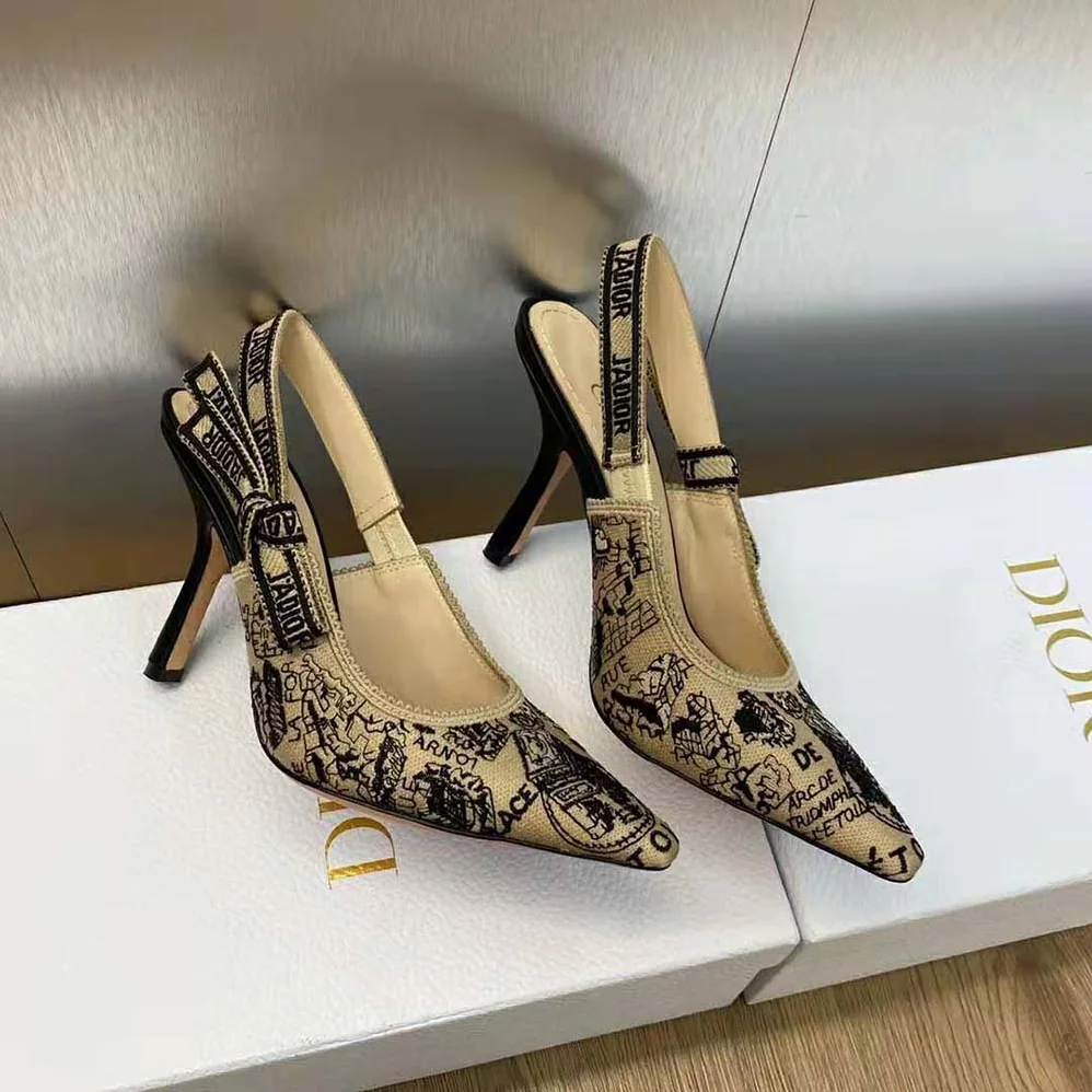 Dior J'Adior Slingback Pump Black and Beige Cotton Embroidered with Plan de Paris Motif for Women Dior J'Adior Slingback Pump Black and Beige Cotton Embroidered with Plan de Paris Motif for Women