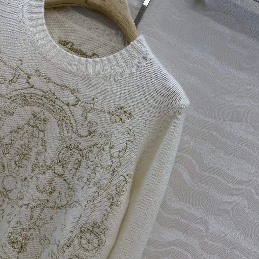 Dior Embroidered Sweater Ecru Cashmere Knit with Gold for Women in Tone Dioresque Stella Motif Dior Embroidered Sweater Ecru Cashmere Knit with Gold for Women in Tone Dioresque Stella Motif