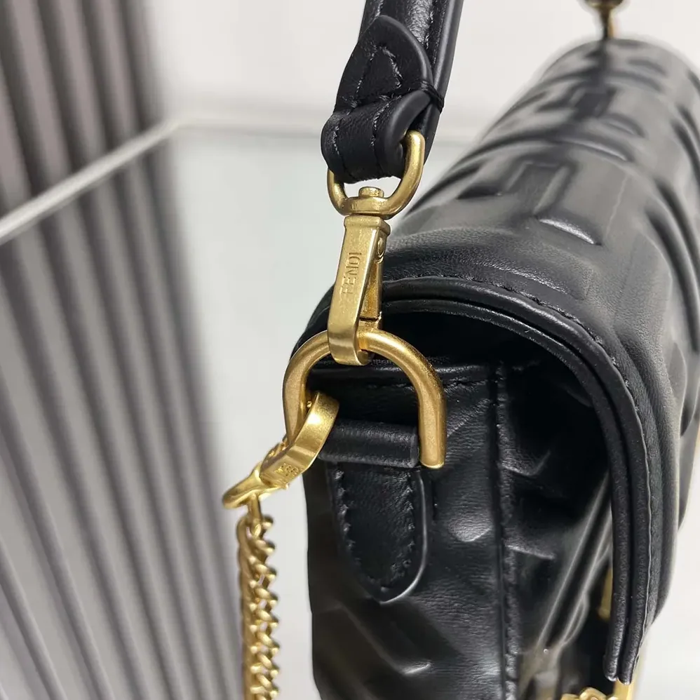 Fendi Baguette Mini Black Nappa Leather Bag with FF Motif for Women Fendi Baguette Mini Black Nappa Leather Bag with FF Motif for Women