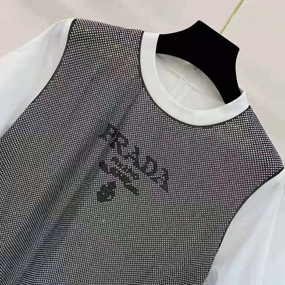 Prada Studded Chiffon and Jersey T-shirt for Women in White Prada Studded Chiffon and Jersey T-shirt for Women in White