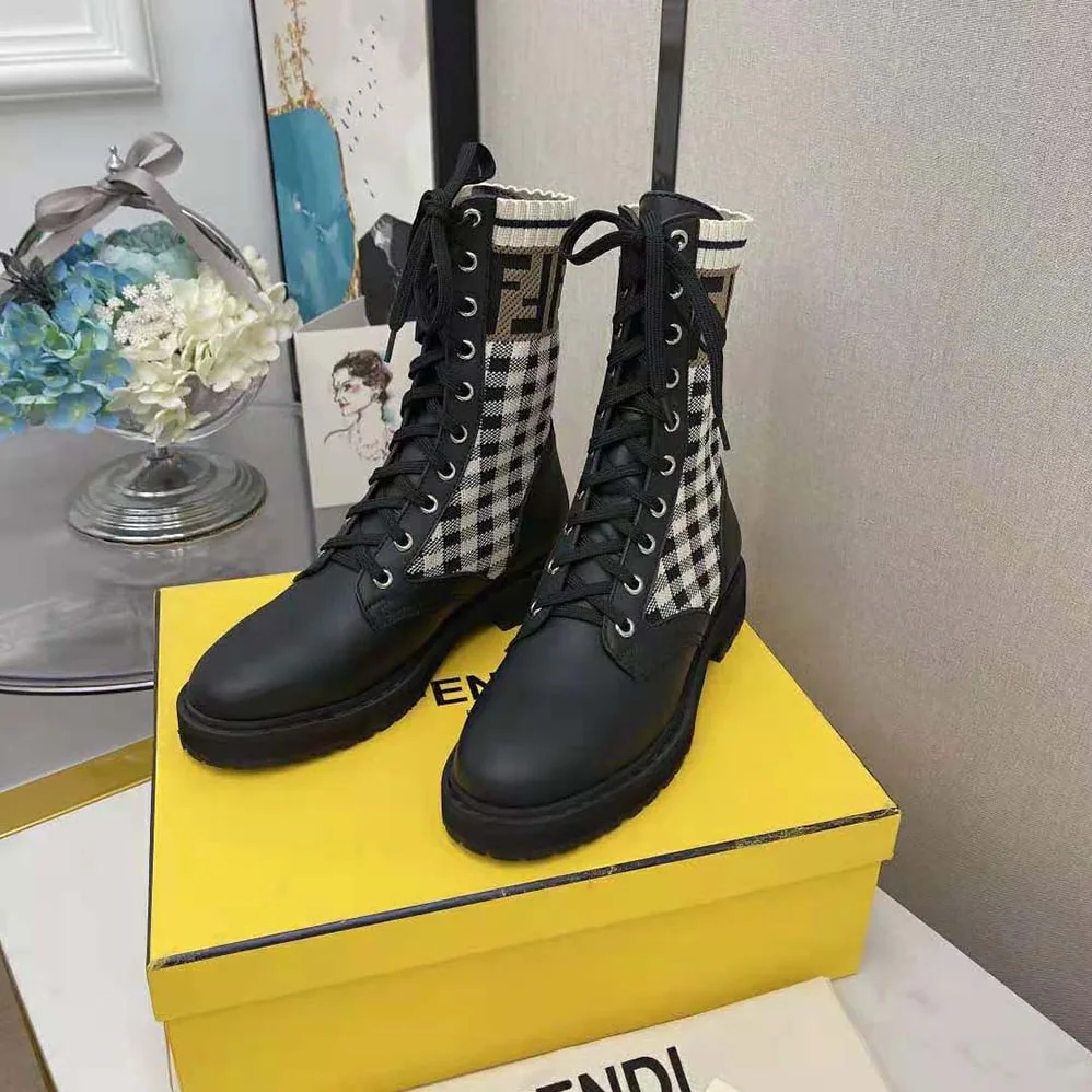 Fendi Rockoko Black Leather Biker Boots with Stretch Fabric for Women