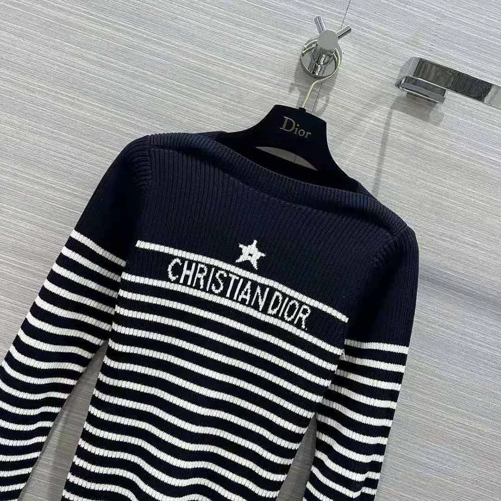 Dior Sweater Navy Blue and White Cotton Ribbed Knit with Signature for Women