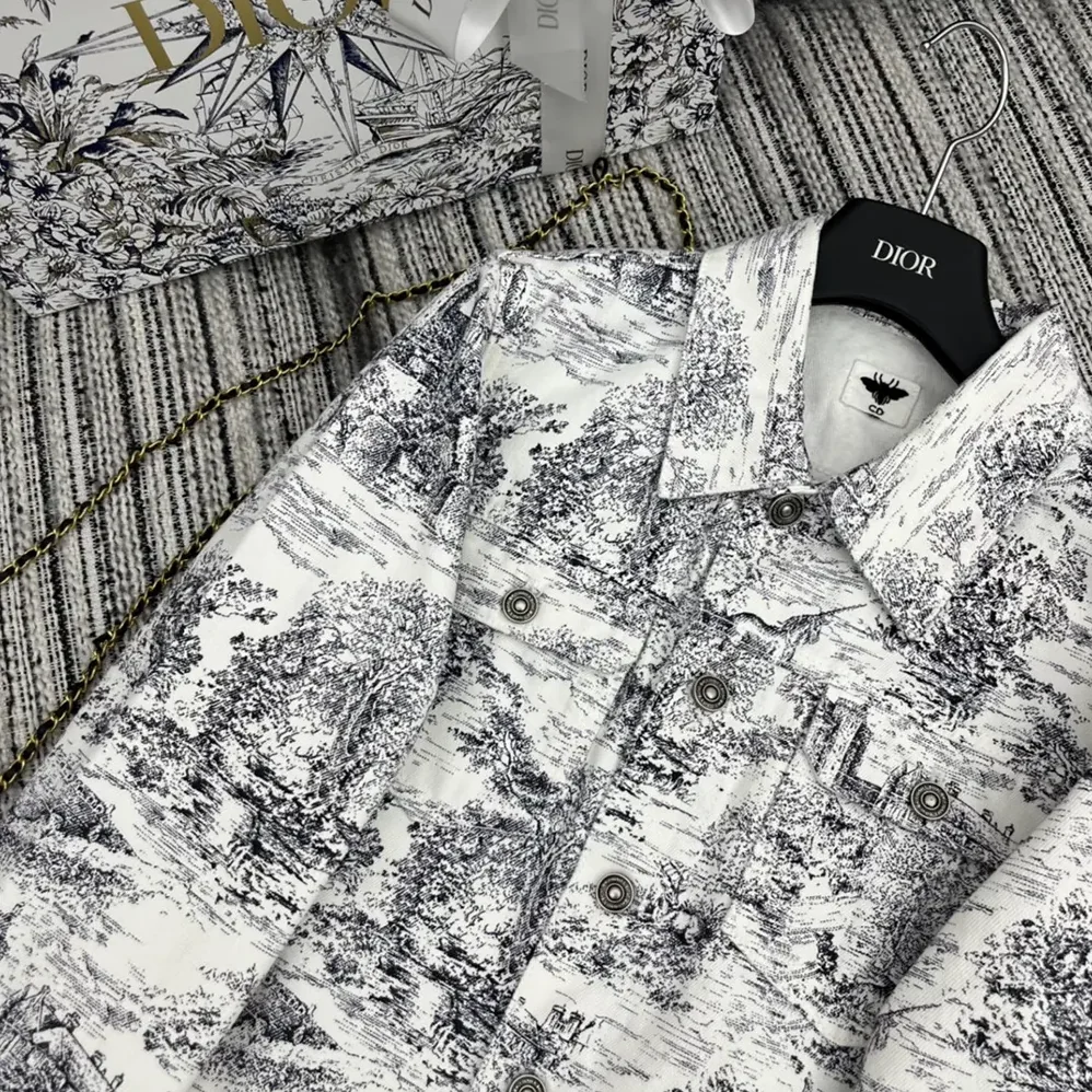 Dior Jacket White Cotton Denim with Blue Toile de Jouy Scotland Motif for Women Dior Jacket White Cotton Denim with Blue Toile de Jouy Scotland Motif for Women