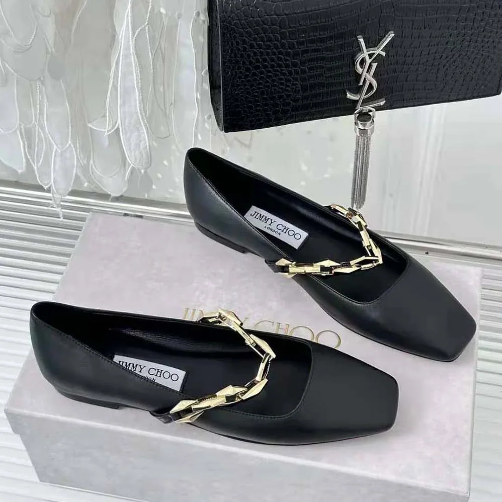Jimmy Choo Diamond Tilda Flat Black Nappa Leather Flats with Chain for Women in Black Jimmy Choo Diamond Tilda Flat Black Nappa Leather Flats with Chain for Women in Black
