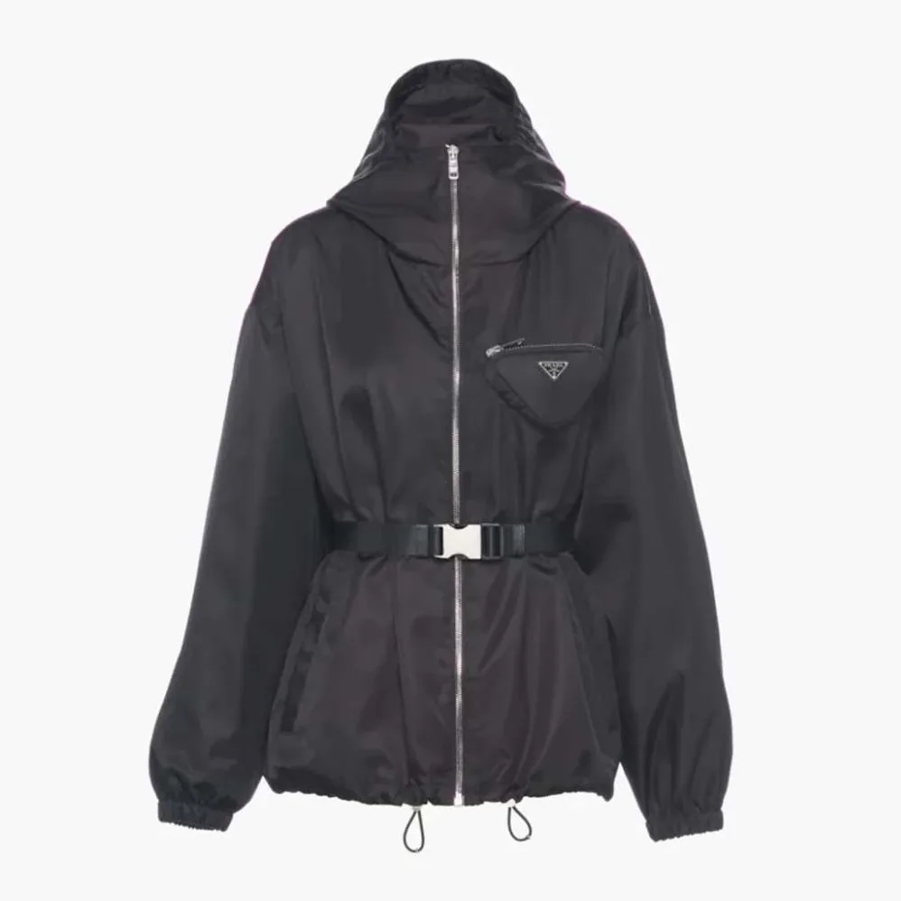 Prada Re-Nylon Hooded Blouson Jacket with Pouch for Women in Black Prada Re-Nylon Hooded Blouson Jacket with Pouch for Women in Black