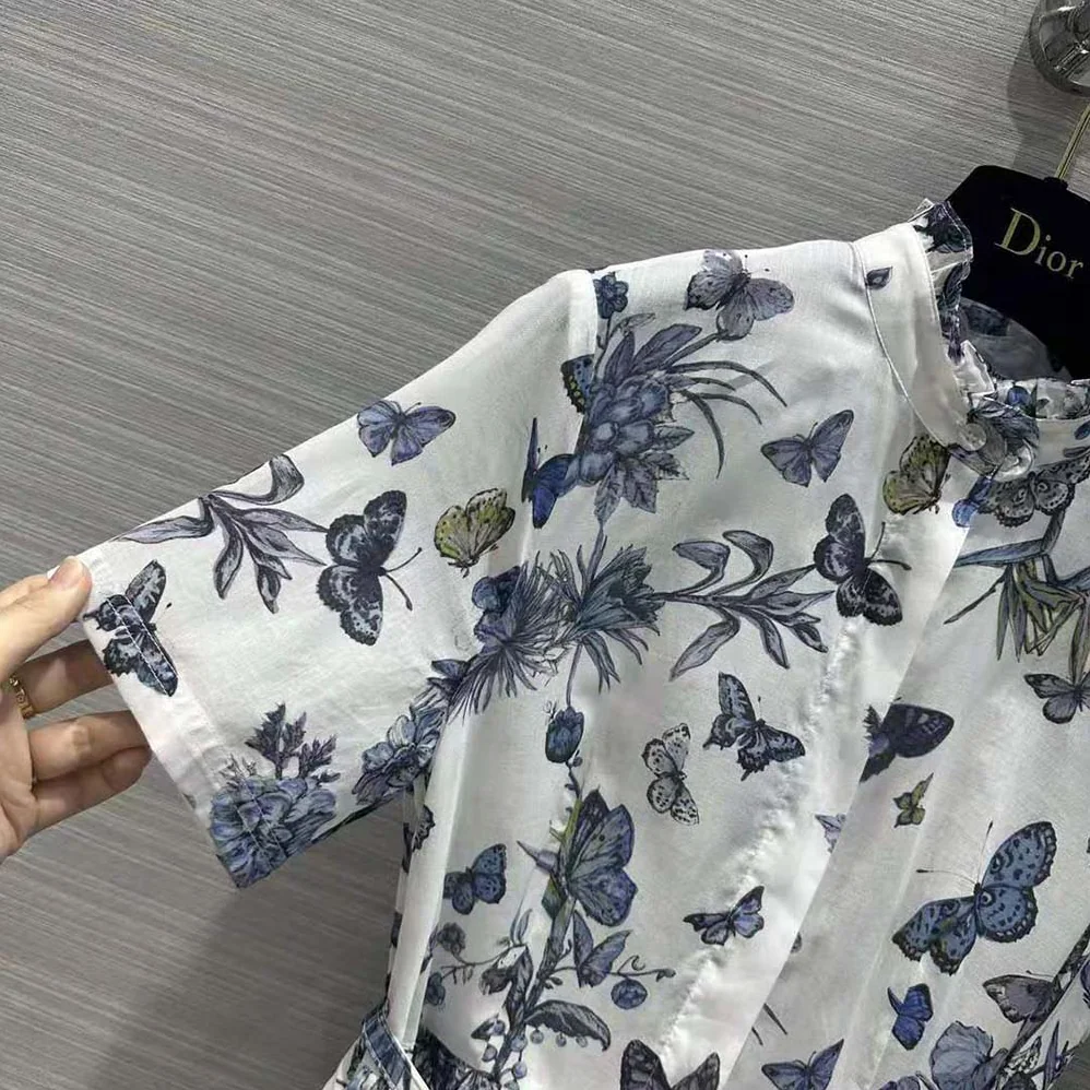 Dior Mid-length Shirt Dress White and Pastel Midnight Blue Cotton Voile for Women Dior Mid-length Shirt Dress White and Pastel Midnight Blue Cotton Voile for Women