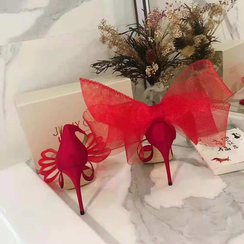 Jimmy Choo Aveline 100 Red Sandals with Asymmetric Grosgrain Mesh Fascinator Bows for Women Jimmy Choo Aveline 100 Red Sandals with Asymmetric Grosgrain Mesh Fascinator Bows for Women