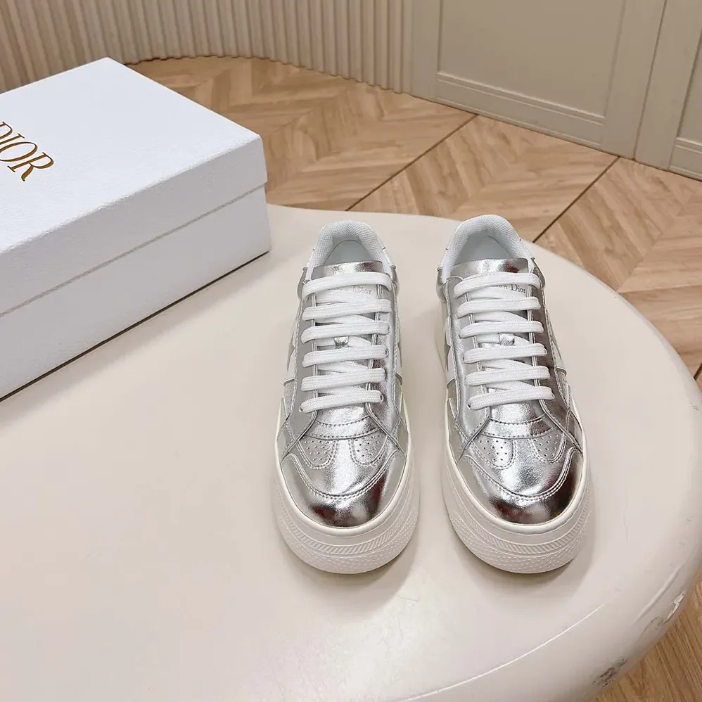 Dior Star Platform Sneaker Silver-Tone Crinkled-Effect Lambskin and White Calfskin for Women