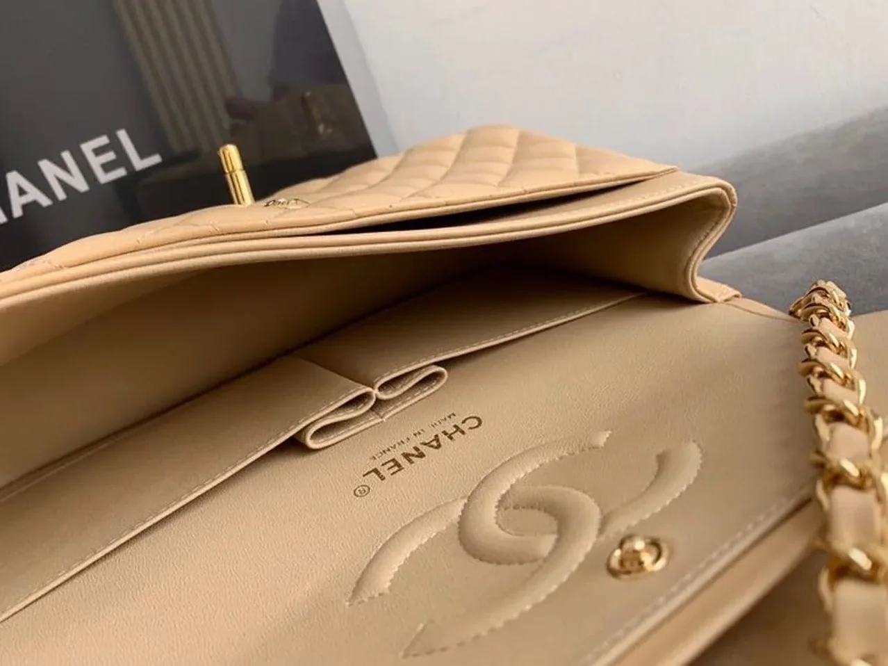 Chanel Classic Double Flap Bag Medium Crossbody in Beige Gold Hardware