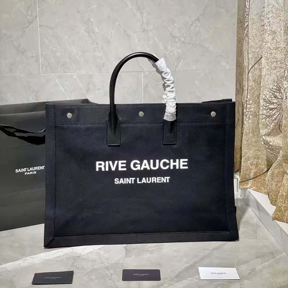 Saint Laurent YSL Rive Gauche Tote Bag in Linen and Leather for Women Saint Laurent YSL Rive Gauche Tote Bag in Linen and Leather for Women
