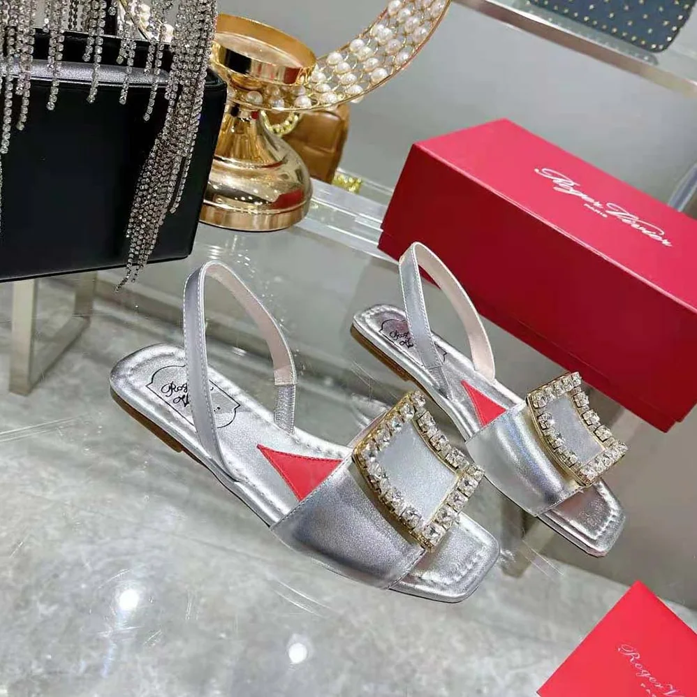 Roger Vivier Biki Love Strass Buckle Sandals in Leather for Women in Silver Roger Vivier Biki Love Strass Buckle Sandals in Leather for Women in Silver
