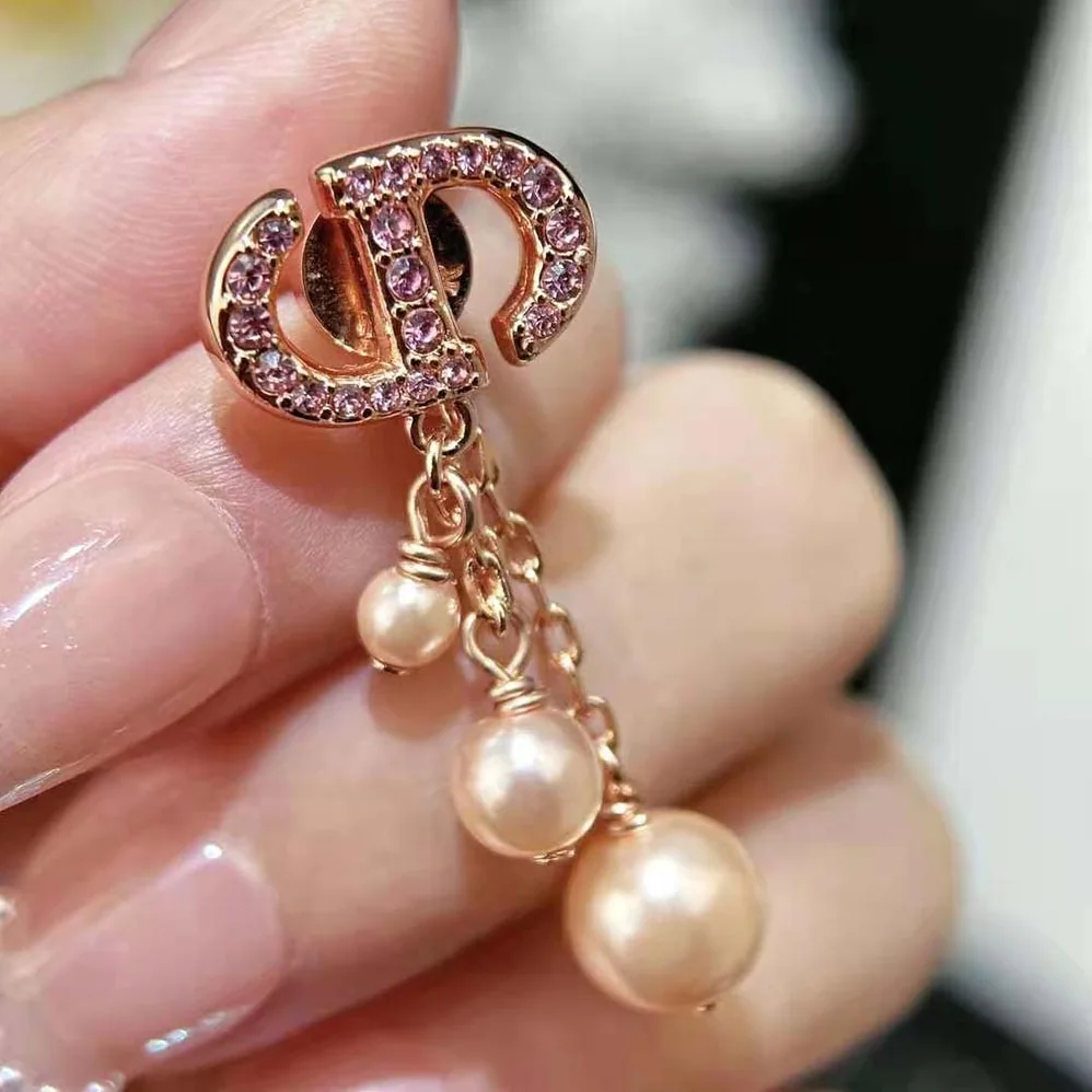 Dior CD Navy Earrings Pink-Finish Metal with Pink Resin Pearls and Crystals for Women Dior CD Navy Earrings Pink-Finish Metal with Pink Resin Pearls and Crystals for Women