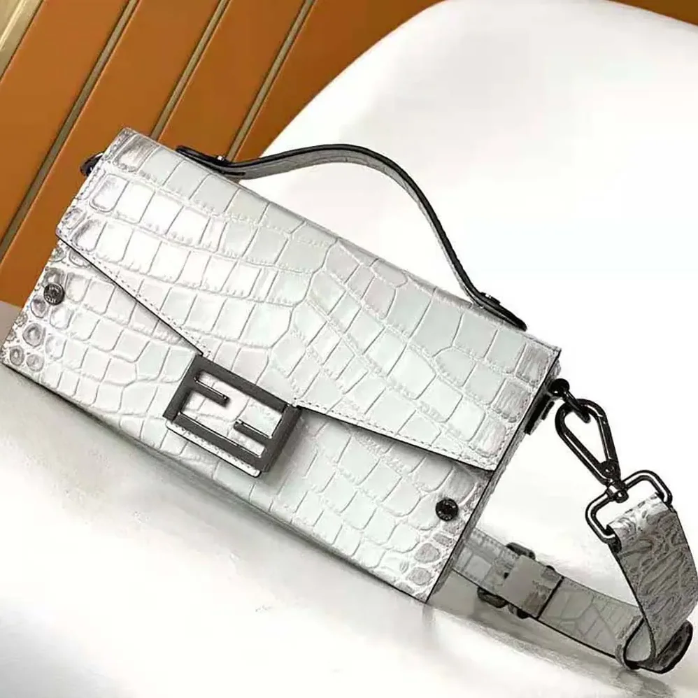 Fendi Soft Trunk Baguette White Nuanced Crocodile Leather Bag for Men
