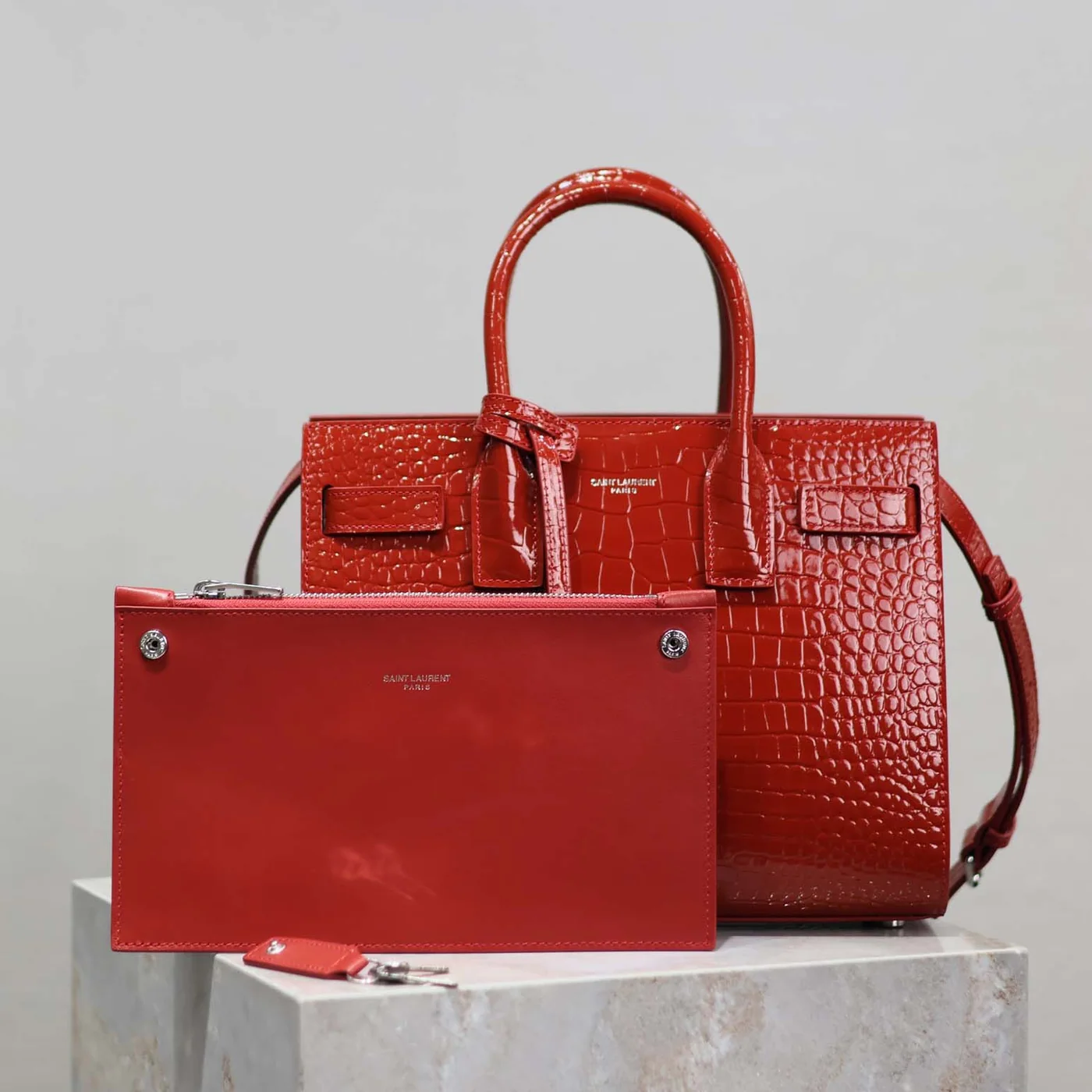 Saint Laurent YSL Sac De Jour in Embossed Crocodile Leather Baby for Women in Red Saint Laurent YSL Sac De Jour in Embossed Crocodile Leather Baby for Women in Red