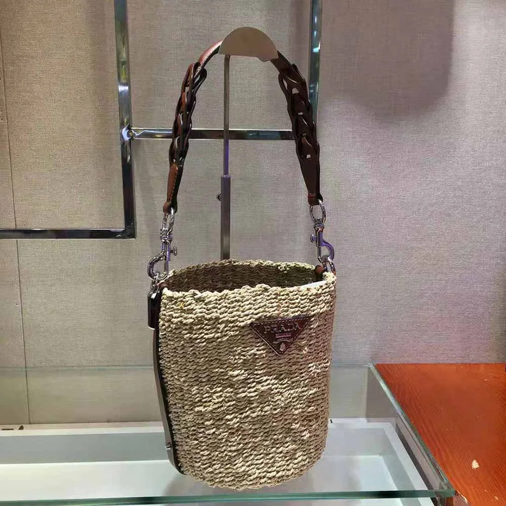 Prada Corn Husk and Leather Bucket Bag for Women