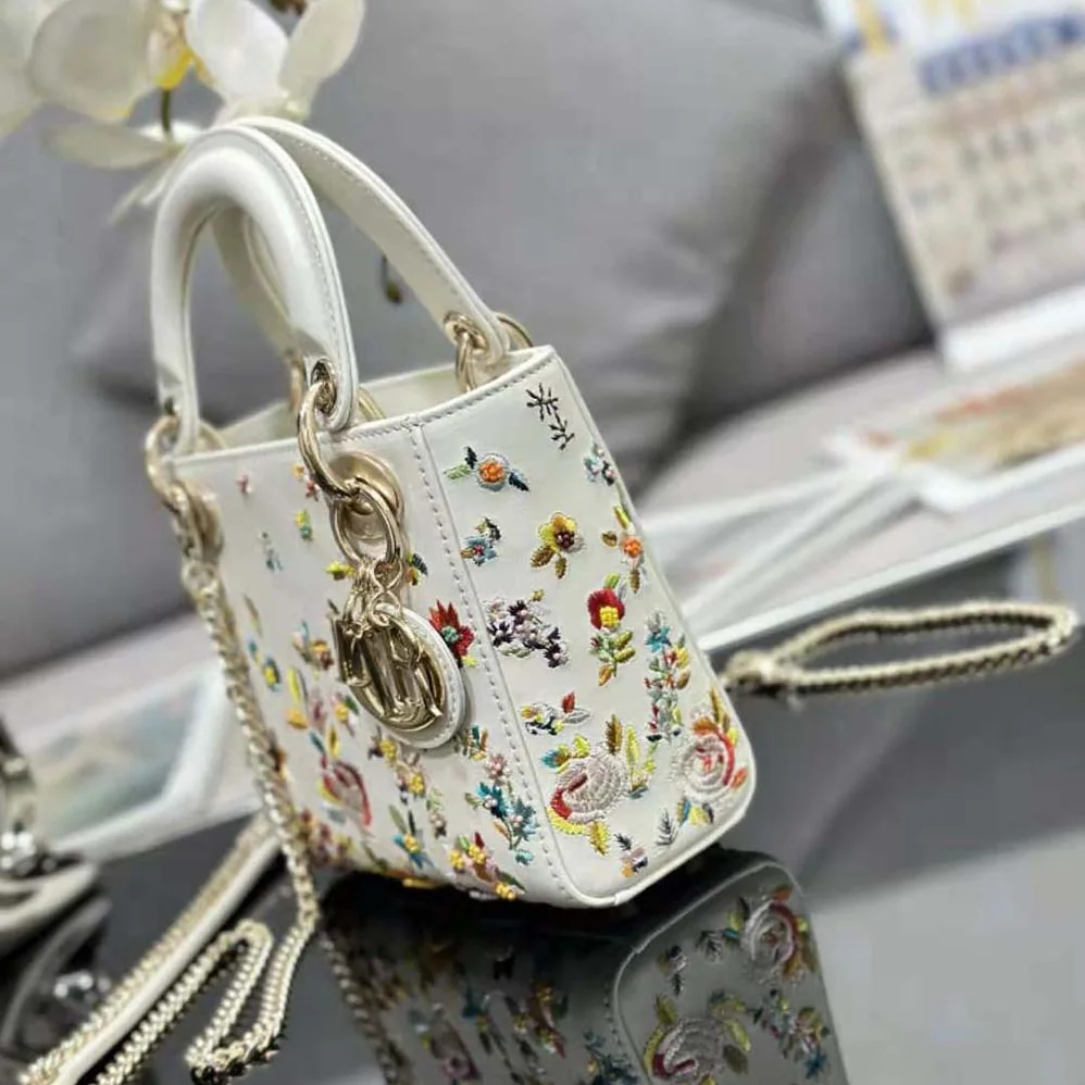 Dior Mini Lady Dior Bag Latte Calfskin Embroidered with Multicolor Small Flowers for Women