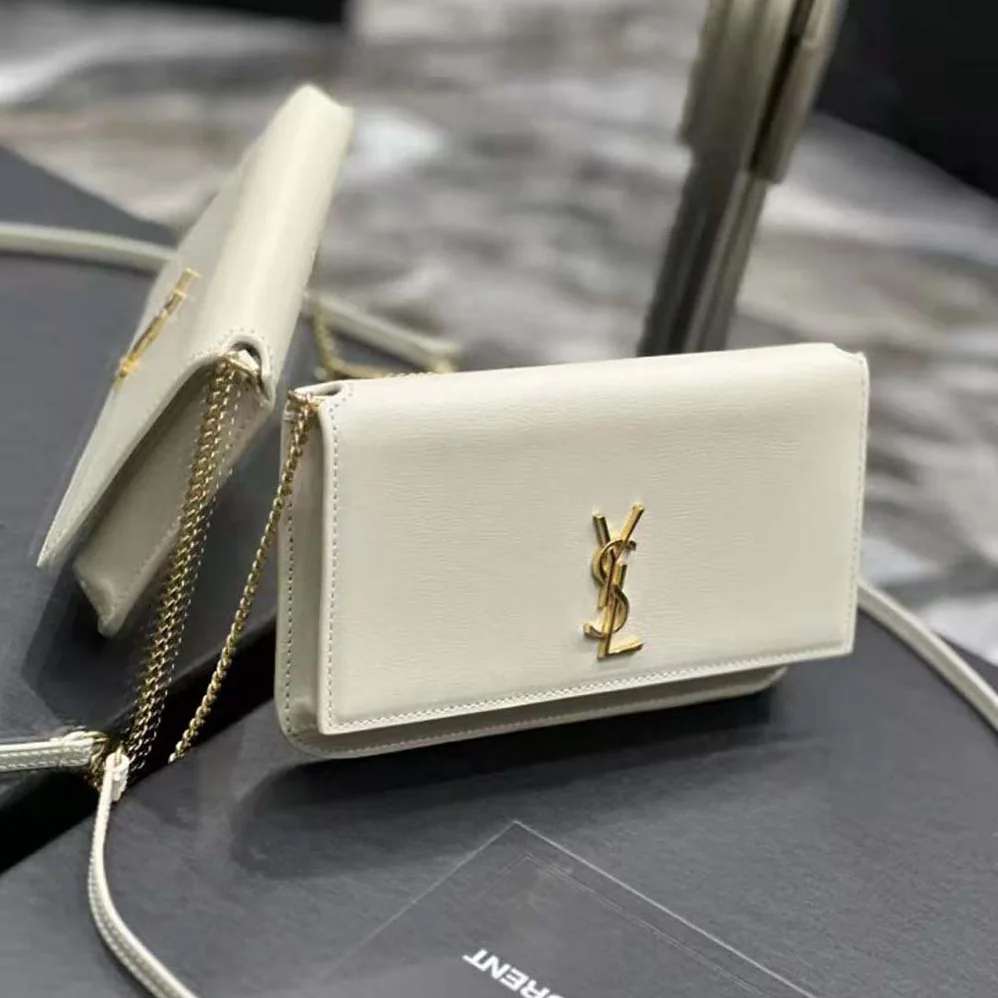 Saint Laurent YSL Cassandre Phone Holder with Strap in Smooth Leather for Women in White Saint Laurent YSL Cassandre Phone Holder with Strap in Smooth Leather for Women in White