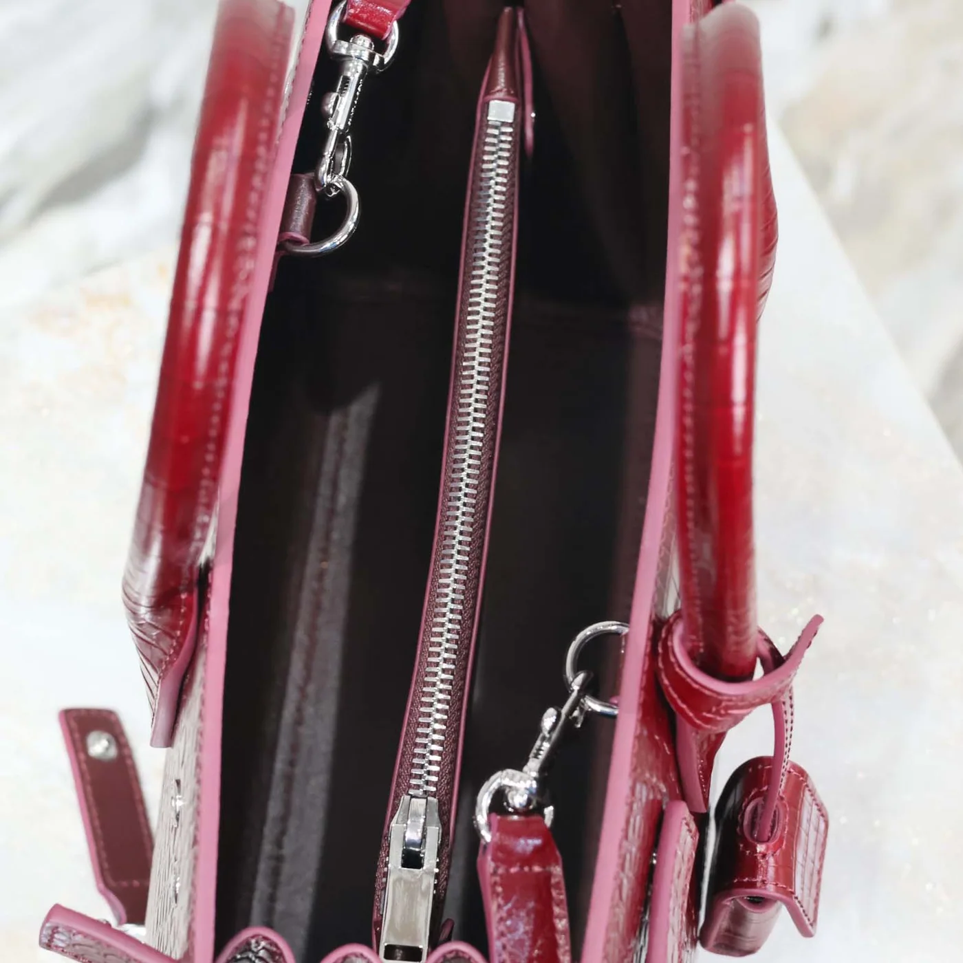 Saint Laurent YSL Sac De Jour in Embossed Crocodile Leather Baby for Women in Maroon Saint Laurent YSL Sac De Jour in Embossed Crocodile Leather Baby for Women in Maroon