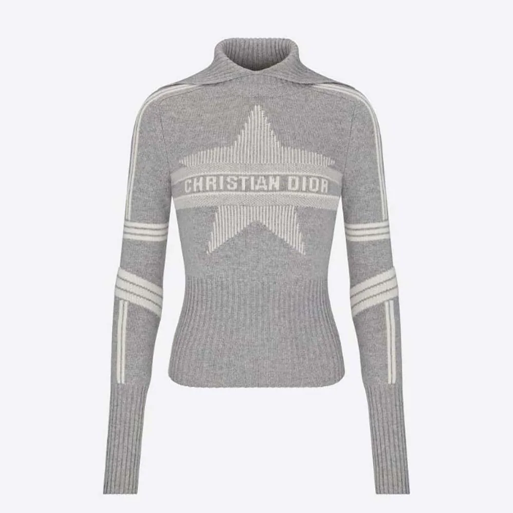 Dior Dioralps Stand-Collar Sweater Gray and White Three-Tone Dior Star Wool and Cashmere Knit for Women Dior Dioralps Stand-Collar Sweater Gray and White Three-Tone Dior Star Wool and Cashmere Knit for Women